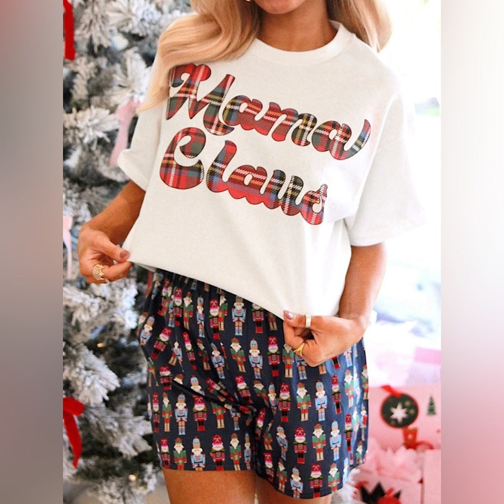 Mama Claus Plaid Letter Tee and Nutcracker Shorts 2pcs Lounge Set